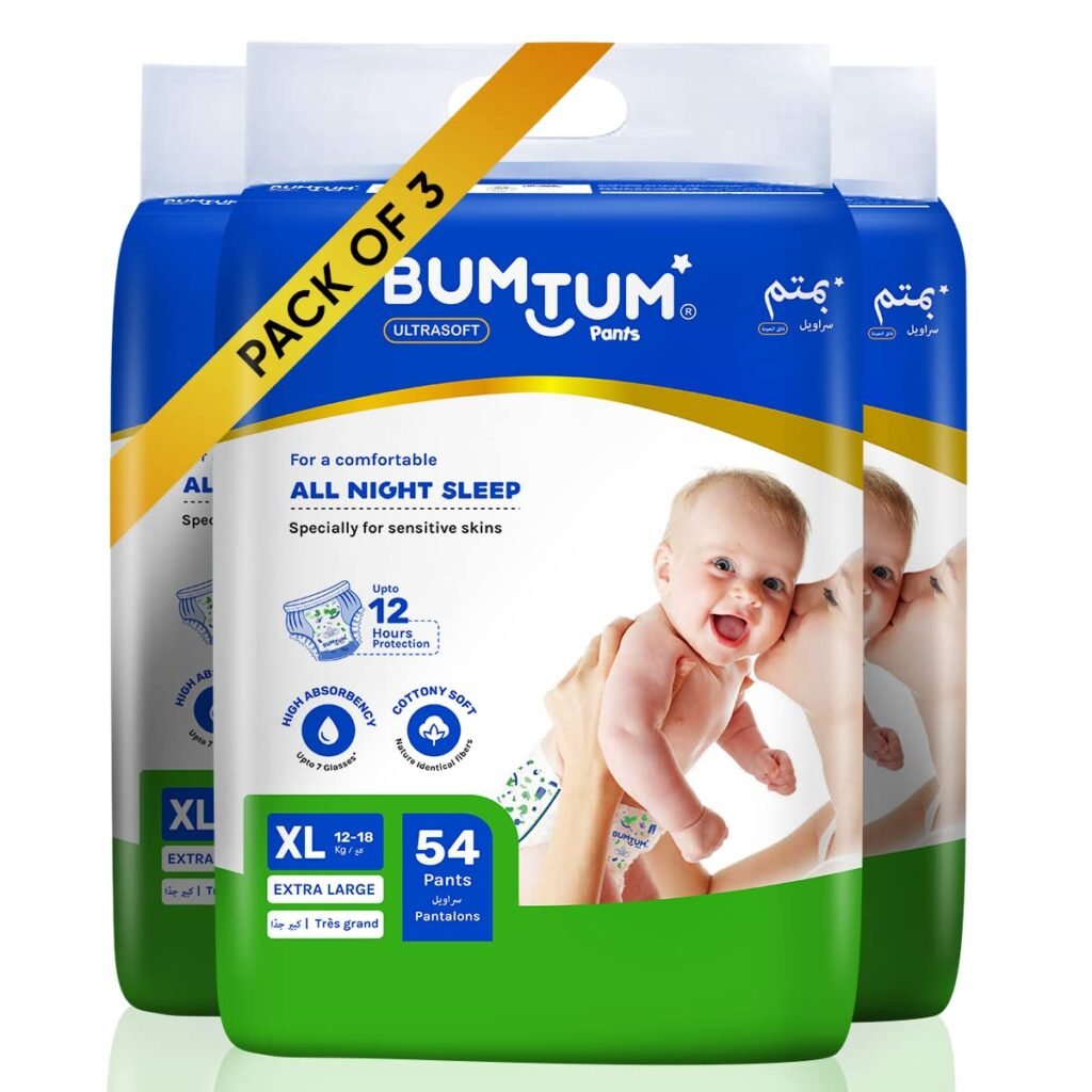 Bumtum Baby Diaper Pants, XL Size, 108 Count, Double Layer Leakage Protection Infused With Aloe Vera, Cottony Soft High Absorb Technology (Pack of 2)