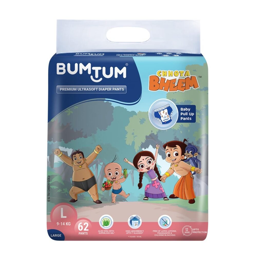 Bumtum Chota Bheem Large Baby Diaper Pants, 62 Count, Leakage Protection Infused With Aloe Vera, Cottony Soft High Absorb Technology (Pack of 1)