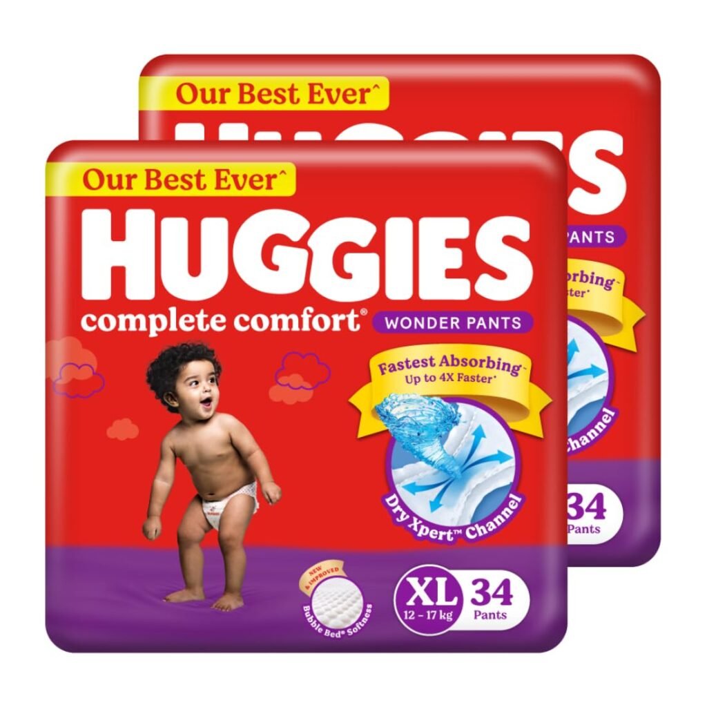 Huggies Complete Comfort Wonder Pants, Indias Fastest Absorbing Diaper, Patented Dry Xpert Channel | Pant Style Diapers L Size (9 to 14 Kgs), Pack of 64 Diapers