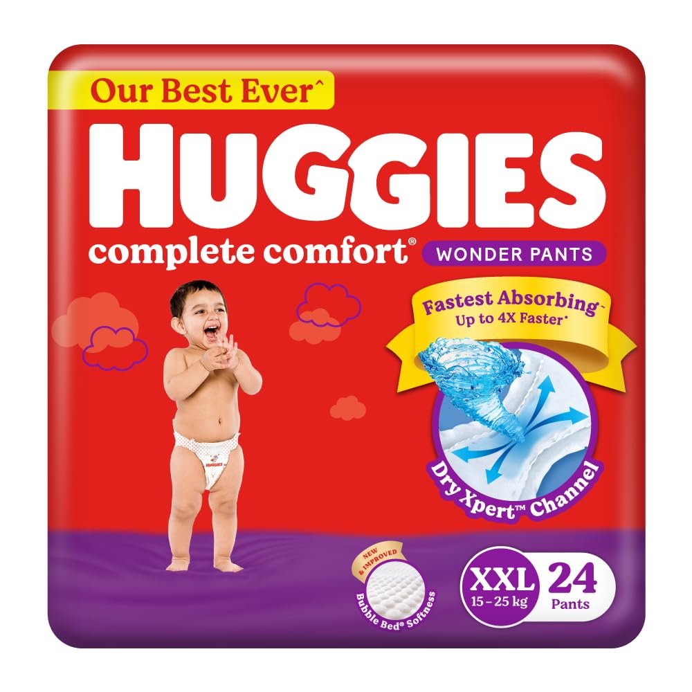 Huggies Complete Comfort Wonder Pants | Pant Style Baby Diapers XXL Size, 24 Count | Indias Fastest Absorbing Diaper, Patented Dry Xpert Channel, Ideal for 15 to 25 Kgs