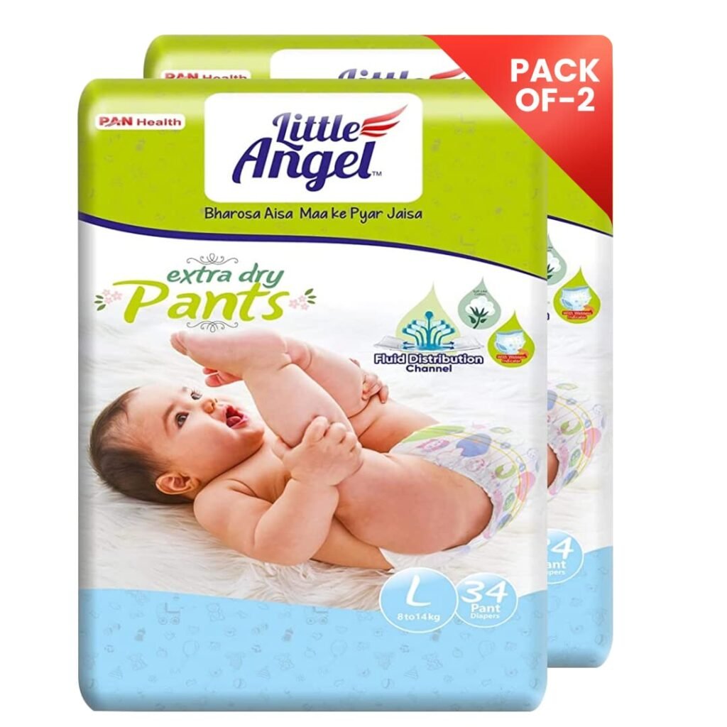 Little Angel Extra Dry Baby Pants Diaper, Large (L) Size, 68 Count, Super Absorbent Core Up to 12 Hrs. Protection, Soft Elastic Waist Grip  Wetness Indicator, Pack of 2, 34 count/pack, 8-14kg