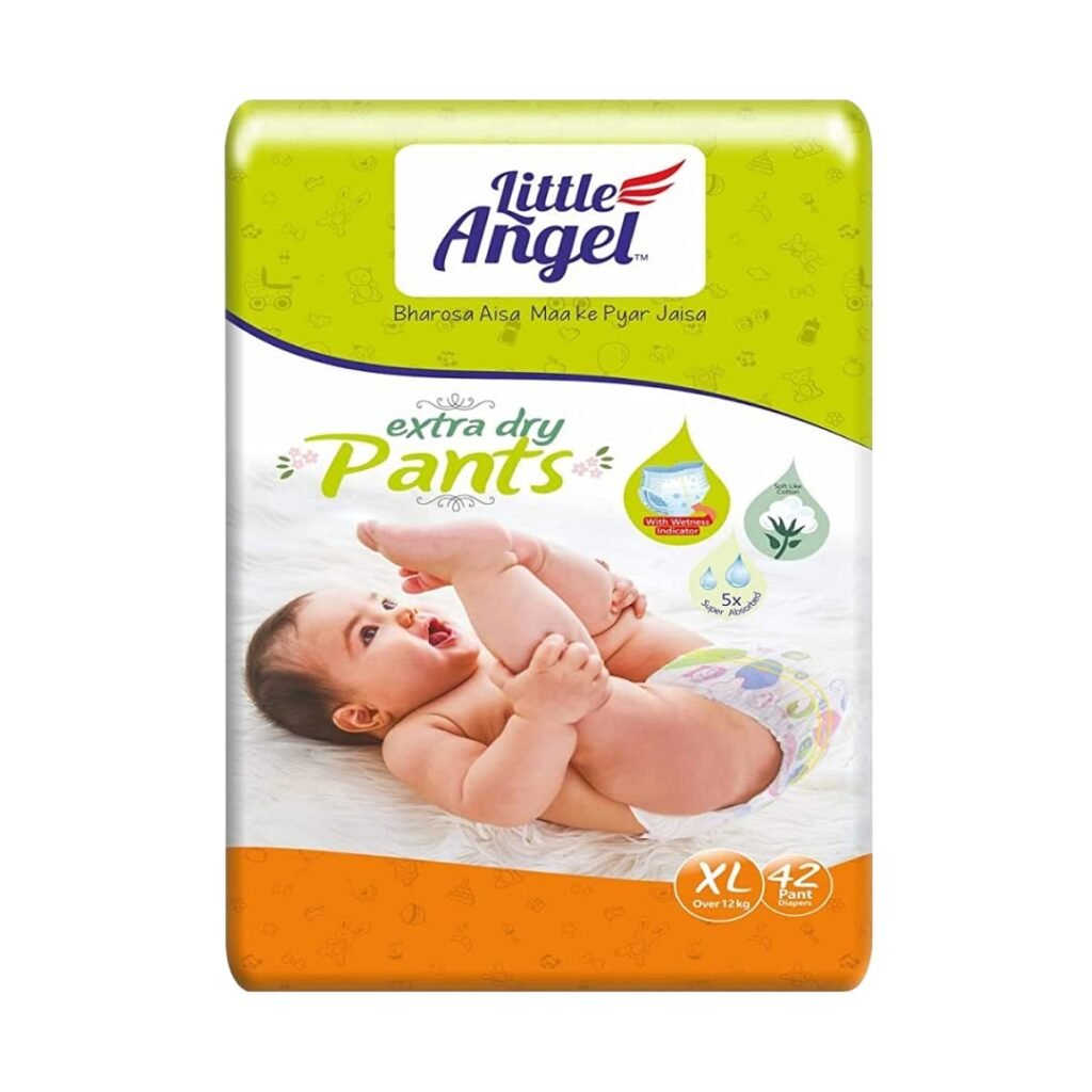 Little Angel Extra Dry Baby Pants Diaper, Medium (M) Size, 112 Count, Upto 5-11kg, Super Absorbent Core Up to 12 Hrs. Protection, Soft Elastic Waist Grip  Wetness Indicator, Pack of 2, 56 count/pack