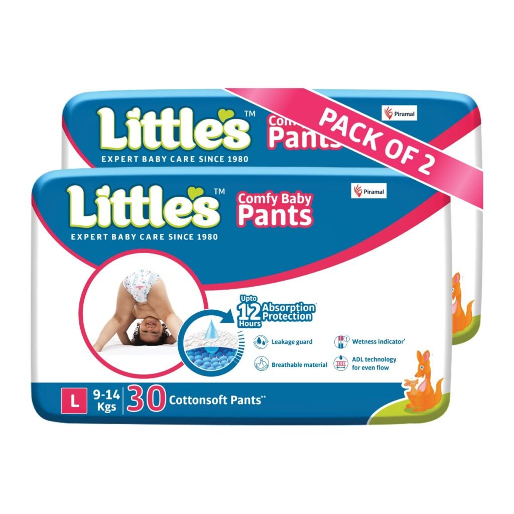 Littles Baby Diapers L Size (Large) Pants Style | 9-14 kg | 60 Count - Pack of 2 | CottonSoft Baby Diaper with Leakage Guard, Wetness Indicator  12 Hours Absorption