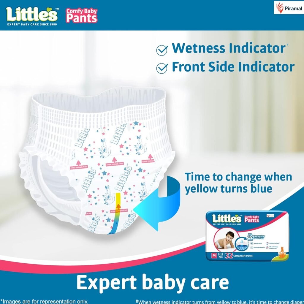 Littles Baby Diapers M Size (Medium) Pants Style | 7-12 kg | 64 Count - Pack of 2 | CottonSoft Baby Diaper with Leakage Guard, Wetness Indicator  12 Hours Absorption