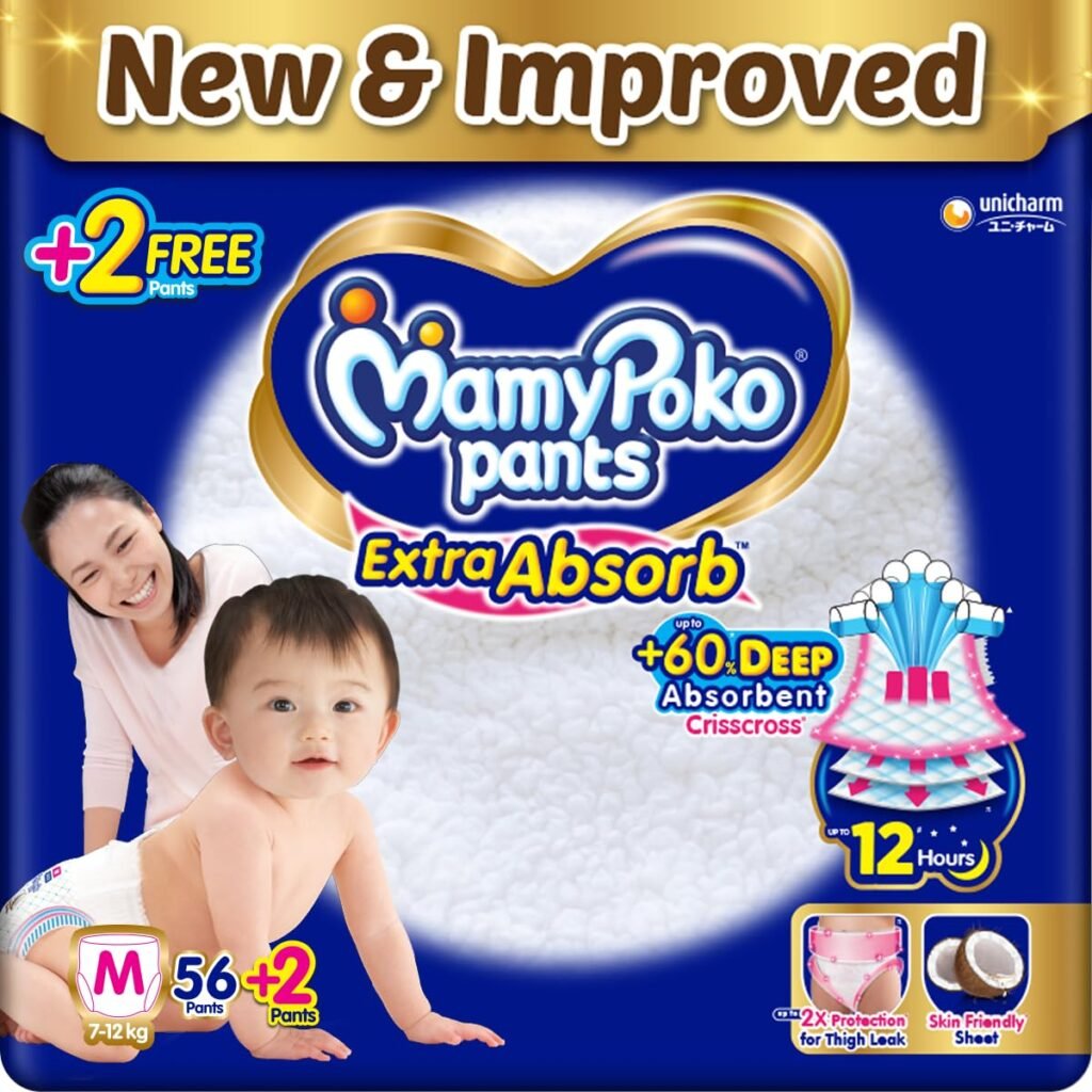 MamyPoko Pants Extra Absorb Baby Diapers, Medium (M), 56 Count(+2) Free Diaper, 7-12 Kg