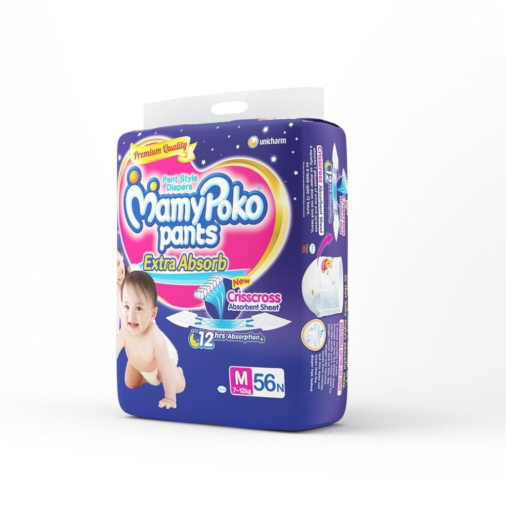 MamyPoko Pants Extra Absorb Baby Diapers, Medium (M), 74 Count, 7-12kg