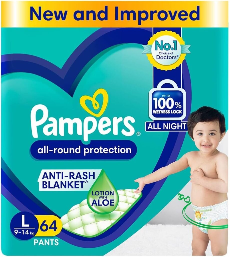 Pampers All Round Protection Pant Style Baby Diapers, Large (L), 64 Count, 9-14kg, Anti Rash Blanket, Lotion with Aloe Vera Diapers