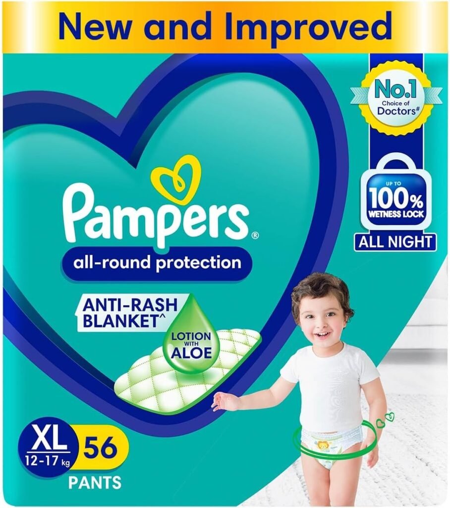 Pampers All round Protection Pants Style Baby Diapers, X-Large (XL) Size, 56 Count, Anti Rash Blanket, Lotion with Aloe Vera, 12-17kg Diapers