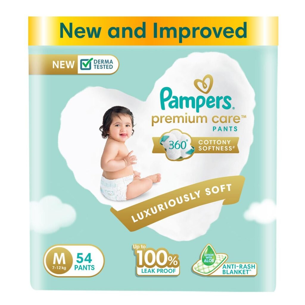 Pampers Premium Care Pant Style Baby Diapers, Medium (M), 54 Count, All-in-1 Diapers with 360 Cottony Softness, 7-12 kg Diapers