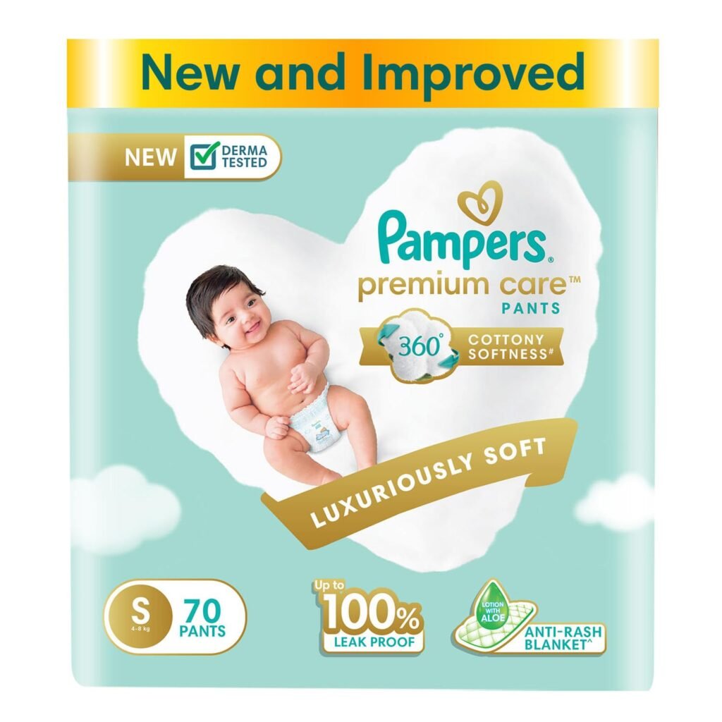 Pampers Premium Care Pant Style Baby Diapers, Small (S), 70 Count, 4-8kg, All-in-1 with 360 Cottony Softness Diapers