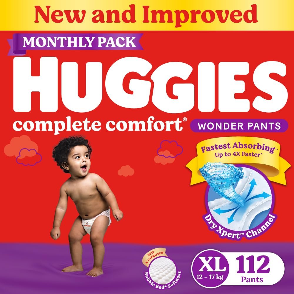 Huggies Complete Comfort Wonder Pants, Indias Fastest Absorbing Diaper, Patented Dry Xpert Channel | Pant Style Diapers L Size (9 to 14 Kgs), Pack of 84 Diapers