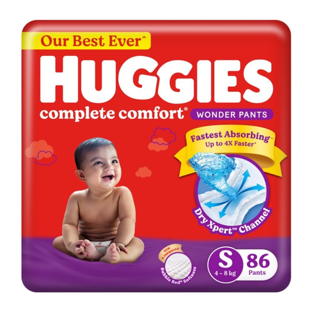 Huggies Complete Comfort Wonder Pants | Pant Style Baby Diapers S Size, 86 Count | Indias Fastest Absorbing Diaper, Patented Dry Xpert Channel, Ideal for 4 to 8 Kgs