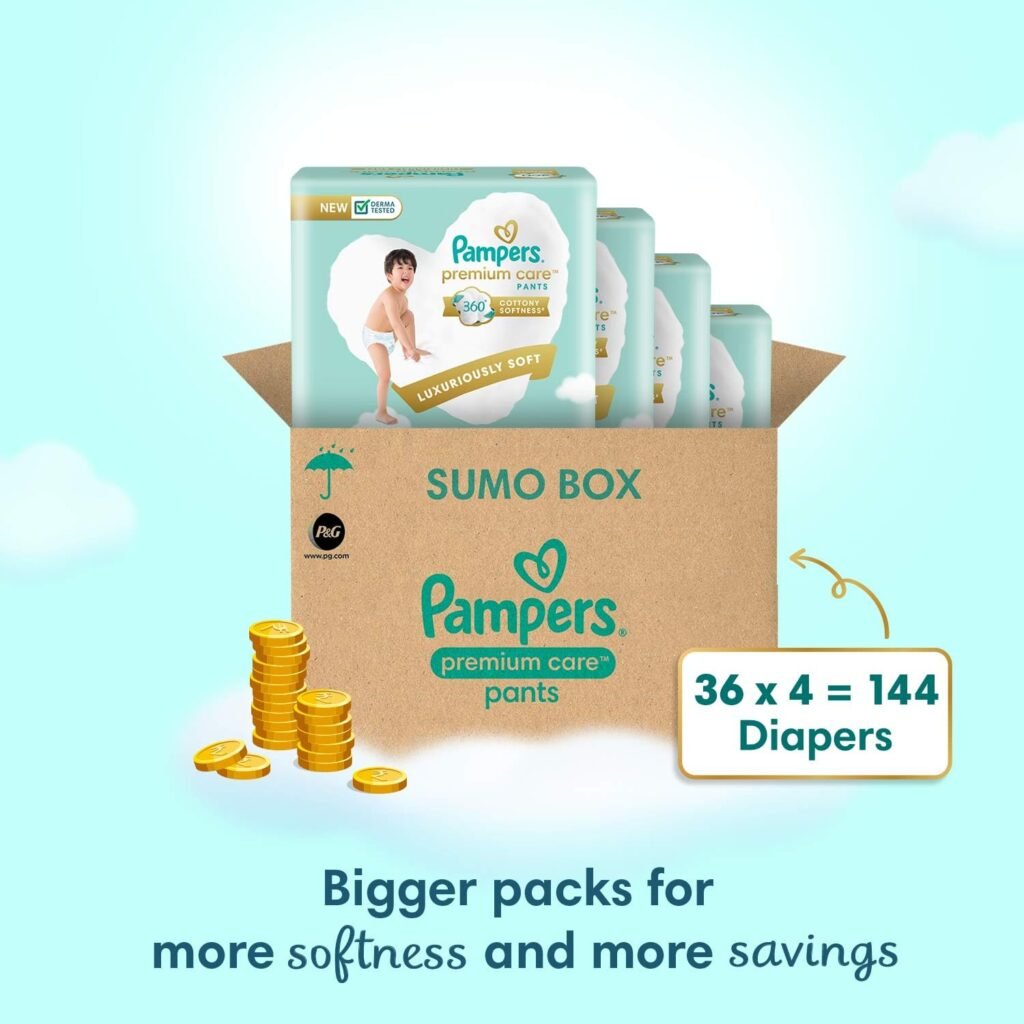 Pampers Premium Care Pants Style Baby Diapers, Large (L) Size, 44 Count, All-in-1 Diapers with 360 Cottony Softness, 9-14kg Diapers