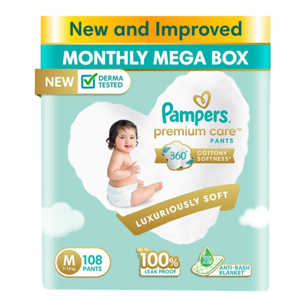 Pampers Premium Care Pants Style Baby Diapers, Medium (M) Size, 108 Count, All-in-1 Diapers with 360 Cottony Softness, 7-12kg Diapers